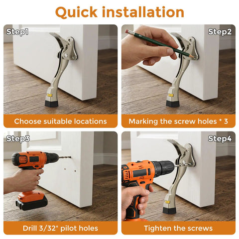 Installation guide for Kickdown Door Stoppers Bottom Mount Foot Pedal Latch showing steps to secure door holders.