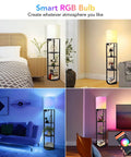 Smart RGB Shelf Floor Lamp With USB Ports And Power Outlet in bedroom, living room, and office settings.