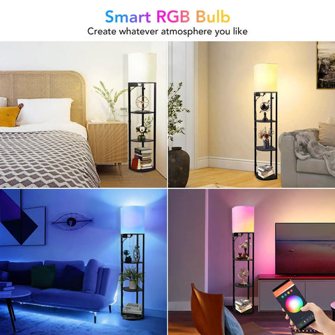 Smart RGB Shelf Floor Lamp With USB Ports And Power Outlet in bedroom, living room, and office settings.