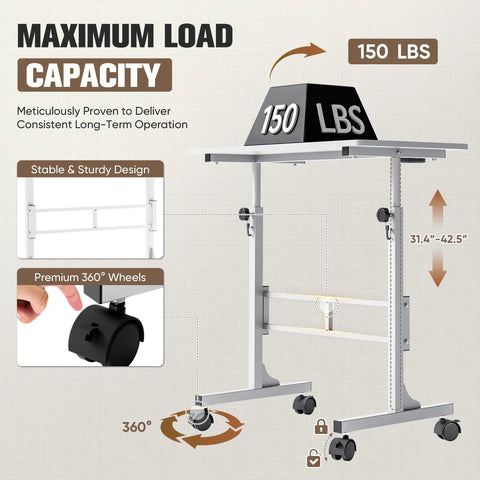 Adjustable Standing Desk On Wheels For Treadmills And Home Offices Portable Laptop Workstation 31.5 To 46.9 Inches White