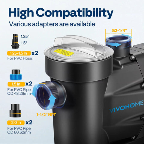 Image of self priming pool pump showing compatibility with 1.25, 1.5, and 2.0 inch unions and adapters for inground and above ground pools.