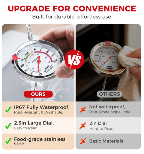 Comparison of Hands Free Candy Thermometer With Clip Waterproof IP67 2.5 Inch Display NSF Certified Deep Fry Oil Thermometer For Cooking.