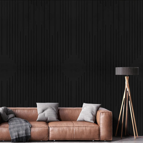 Fresh Groove Design Acoustic Wall Panels For Legit Sound Absorption And Echo Reduction Solid Noise Blocking behind a cozy brown couch.