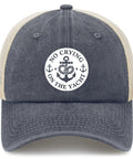 Vintage Outdoor Trucker Cap with 'No Crying on the Yacht' logo, modern design, breathable mesh back, soft feel for hiking fishing road trips.