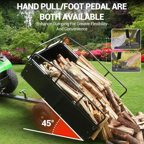 Beefy Heavy Duty Steel Dump Cart For ATVs And UTVs, 1500 Lb Capacity, 15 Cu Ft Open Box, All Terrain Tires, manual and foot pedal dumping