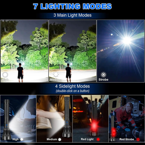 Ultra Bright LED Flashlight With 99,000 Lumens, Beast Mode Brightness in different lighting modes, outdoor use demonstration
