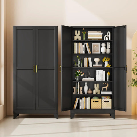 Tall Black Metal Storage Cabinet With Two Doors And Five Adjustable Shelves For Garage And Workshop, Heavy Duty Steel Tool Closet For Home Office Kitchen Pantry File Storage, open view