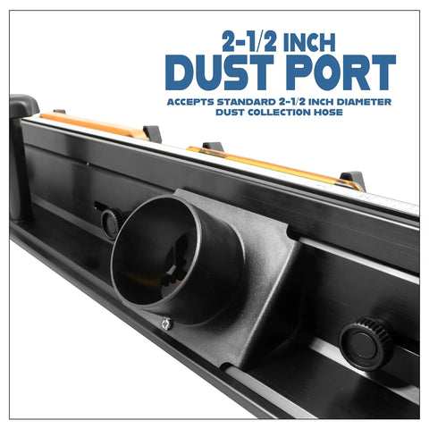 Top Shelf 32 Inch Deluxe Router Table Fence With Rock Solid Aluminum L Backer And Quick Adjust Featherboard showing 2-1/2 inch dust port.