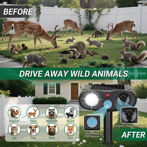 Outdoor Ultrasonic Deer Repellent Device With PIR Motion Sensor And LED Strobe 2 Pack Dual Deterrent For Yards And Gardens That Keeps Deer Away With Loud Ultrasonic Waves And Bright Flash, solar stake in yard