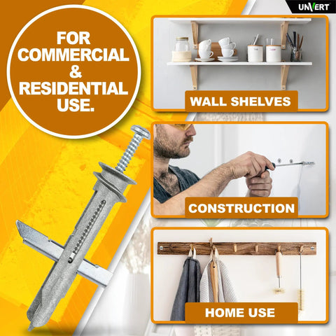 Heavy Duty Drywall Anchors Set: Self Drilling Toggle Kit With Zinc Screws Size 8 x 2-1/4 For wall shelves, home use, construction.