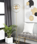 Gold Metal Floor Lamp With Hanging Glass Shade For Living Room, Tall 65 Inch; contemporary modern design near decor and plant.