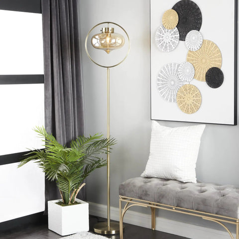 Gold Metal Floor Lamp With Hanging Glass Shade For Living Room, Tall 65 Inch; contemporary modern design near decor and plant.