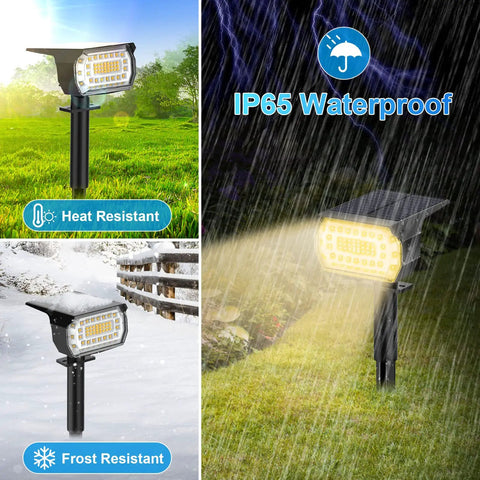 57 LED Solar Spot Lights Outdoor Six Pack IP65 Waterproof Landscape Pathway Spotlights in rain, sun, and snow demonstration