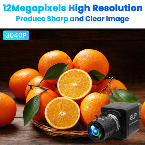 Blazing Fast 4K USB Webcam With 12 Megapixels And 120FPS Recording Killer Detail Golf Swing Camera 3X Optical Zoom Plug And Play For Live Streaming And Industrial Monitoring next to fresh oranges for clear imagery.