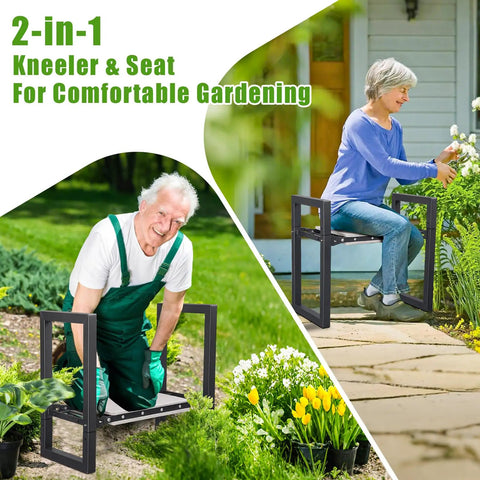 3 In 1 Garden Kneeler And Seat Folding Heavy Duty Bench With Handles For Kneeling And Sitting, elderly man and woman gardening