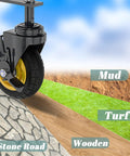 Close-up of Two Pack 4 Inch Gate Casters With Brake Heavy Duty 250 Lb Capacity Spring Loaded Absorbing Solid Rubber Wheels on wood, turf, mud, stone road surfaces.