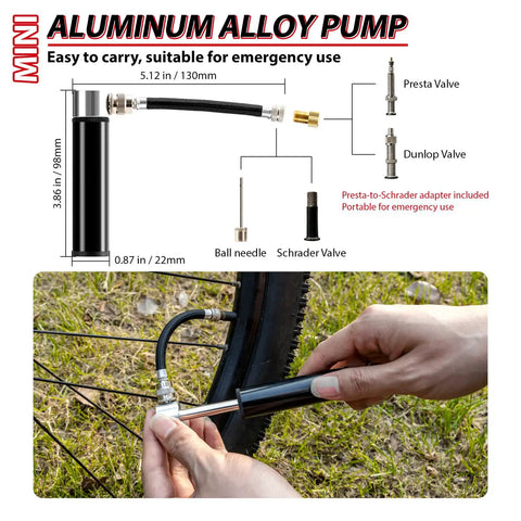 Diagram showing bike repair tool kit with mini pump and valve adapters including Presta and Schrader, used for inflating tire.