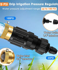 Copper Drip Irrigation Faucet Adapter Kit For Home Gardens With 25 PSI Backflow Preventer Filter Plumbers Tape And Pressure Regulator Plus Quick Connect From One Quarter Inch Tubing To Three Quarter Inch Garden Hose shown with a pressure regulator and interfaces.