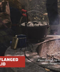 Preseasoned 10 Inch Cast Iron Dutch Oven with Lid for Outdoor Cooking, flanged lid with top coals in campfire setting.