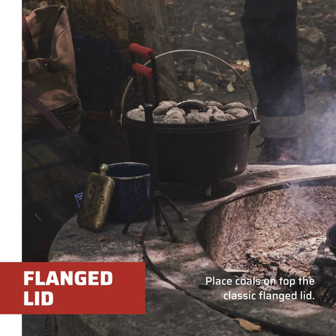 Preseasoned 10 Inch Cast Iron Dutch Oven with Lid for Outdoor Cooking, flanged lid with top coals in campfire setting.