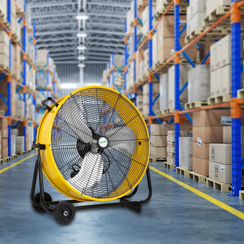 24 Inch High Velocity Industrial Drum Fan, 3 Speed Heavy Duty Metal Shop Fan For Warehouse, Garage, Workshop, And Factory Use, UL Listed, Yellow Finish, Delivers Up To 8100 CFM in a warehouse setting