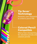 Curved Handheld Manual Pencil Sharpener Boasts A Smooth Ratchet Grip And Adjustable Dial To Transform Dull Points Into Deadly Sharp Edges With Zero Sweat A Legit Daily Driver For Students And Desk Work, showing tip saver tech and compatibility with colored pencils.