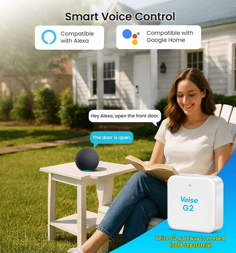 Woman enjoying keyless entry with Badass 7 In 1 Fingerprint Smart Deadbolt Lock With App Control And Key Fobs in outdoor backyard setting.