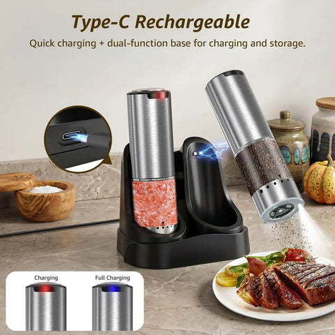Electric Salt And Pepper Grinder Set With Type C Fast Charging Auto Mode Hands Free Operation on kitchen counter