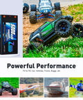 2S Shorty Lipo Battery 5000mAh 7.4V 100C Hard Case with RC cars, truck, boat, and helicopter, showcasing versatile use.