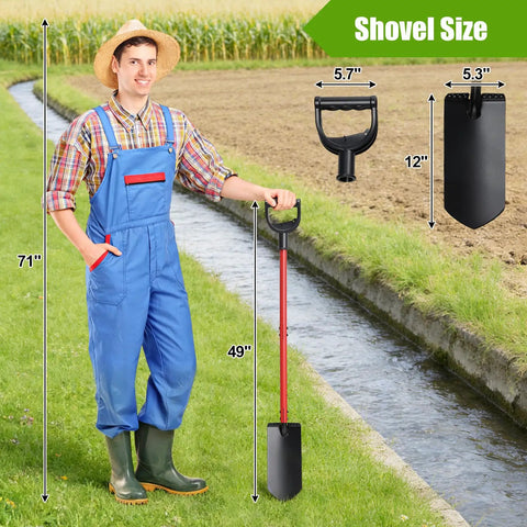 Gardener holding Beefy Heavy Duty Trench Shovel with narrow 12 inch spade and 47 inch handle near a trench in a garden.