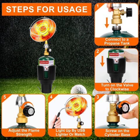 Portable Propane Golf Cart Heater For Outdoor Use, Fits Cup Holder, instructional image showing steps to connect and use