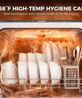 Game Changing Portable Countertop Dishwasher Featuring A Built In Water Tank And Five Wash Cycles To Run Slick And Spotlessly Clean Up To Twenty Eight Pieces For Tight Kitchens And Dorm Layouts showing plates and utensils washed with hot water.