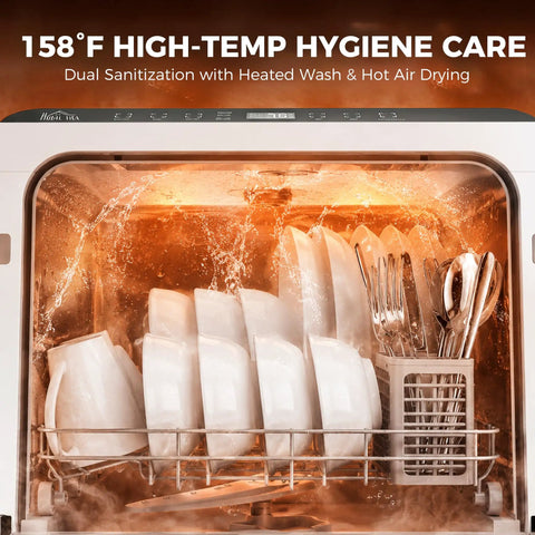 Game Changing Portable Countertop Dishwasher Featuring A Built In Water Tank And Five Wash Cycles To Run Slick And Spotlessly Clean Up To Twenty Eight Pieces For Tight Kitchens And Dorm Layouts showing plates and utensils washed with hot water.