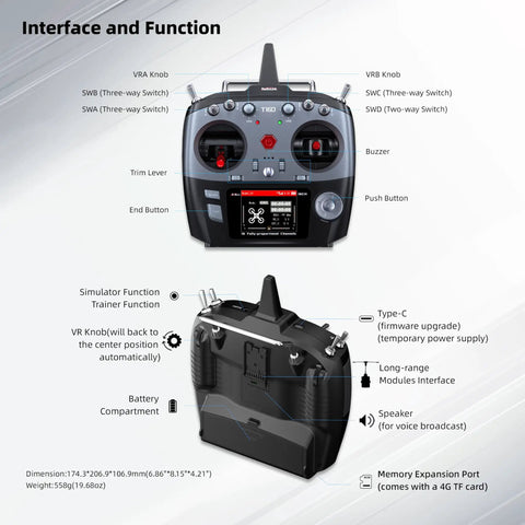 Front and back view of 16 Channel RC Transmitter And R16F Telemetry Receiver With Pro Grade Multi Protocol And Voice Broadcast Support