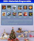 Display showing 12 engravable materials like acrylic, glass, wood; message about laser engraver compatibility with materials