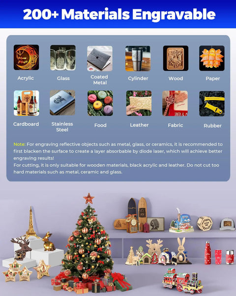 Display showing 12 engravable materials like acrylic, glass, wood; message about laser engraver compatibility with materials