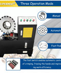 Kickass Heavy Duty Electric Hydraulic Pipe Crper And Hose Crimping Machine With Ten Interchangeable Dies For Six To Fifty One Mm Auto Brake Ac And Steering Tubes, showcasing operation modes and features.