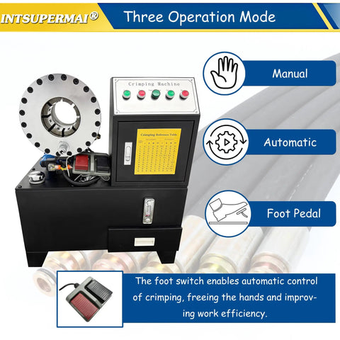 Kickass Heavy Duty Electric Hydraulic Pipe Crper And Hose Crimping Machine With Ten Interchangeable Dies For Six To Fifty One Mm Auto Brake Ac And Steering Tubes, showcasing operation modes and features.