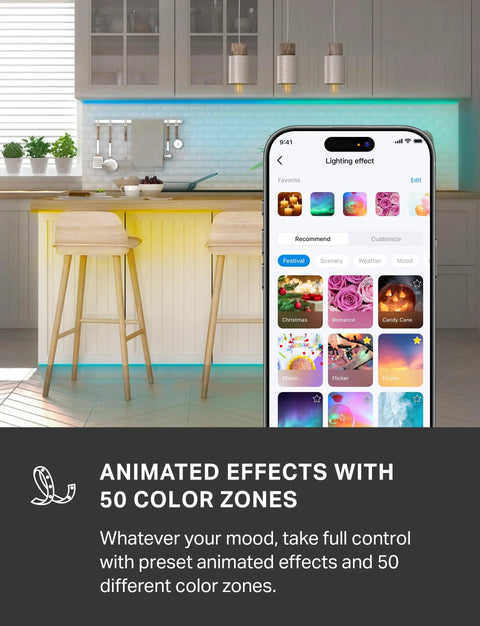 RGB LED Light Strip With Music Sync, 32.8ft Of Colorful Ambiance in kitchen with phone app showing lighting effects