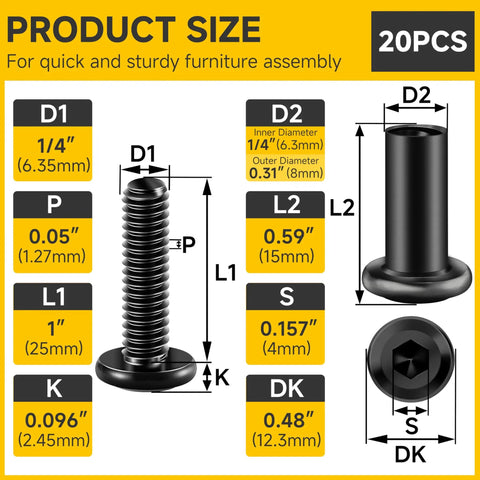 Product size information for Real Deal 1/4-20 By 1 Inch Flat Head Socket Cap Screws And Barrel Nuts Kit. Includes dimensions and details.