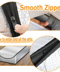 Close-up of Attic Stairs Insulation Cover Tent For Pull Down Stairs Premium Energy Saving With Double Bubble Reflective Radiant Barrier That Reflects 95 Percent Of Radiant Heat And Helps Seal Air Gaps For All Year Comfort No Sweat Install showing zipper detail