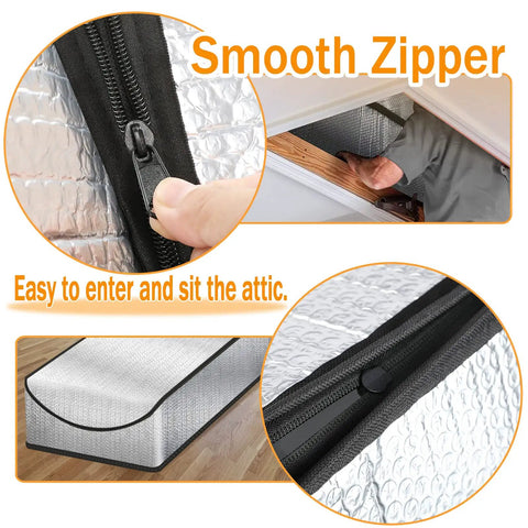Close-up of Attic Stairs Insulation Cover Tent For Pull Down Stairs Premium Energy Saving With Double Bubble Reflective Radiant Barrier That Reflects 95 Percent Of Radiant Heat And Helps Seal Air Gaps For All Year Comfort No Sweat Install showing zipper detail