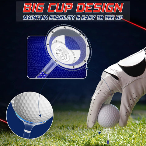 Close-up of unbreakable three and a quarter inch transparent acrylic golf tees with big cup and eight prongs on grass.