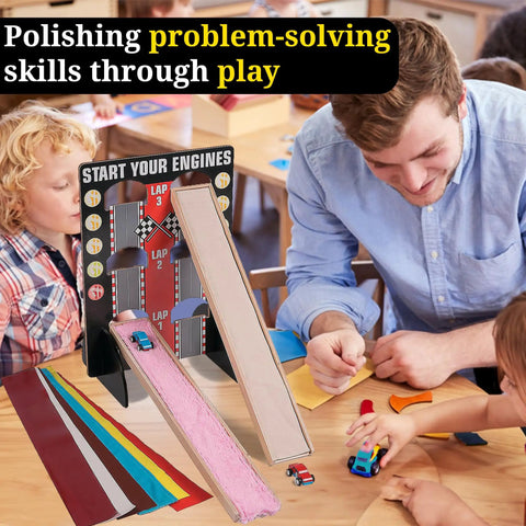 Hands On Motion And Friction STEM Kit For Kids Ages 5 To 12, 21 Piece Physics And Engineering Set With Adjustable Wooden Ramp classroom scene
