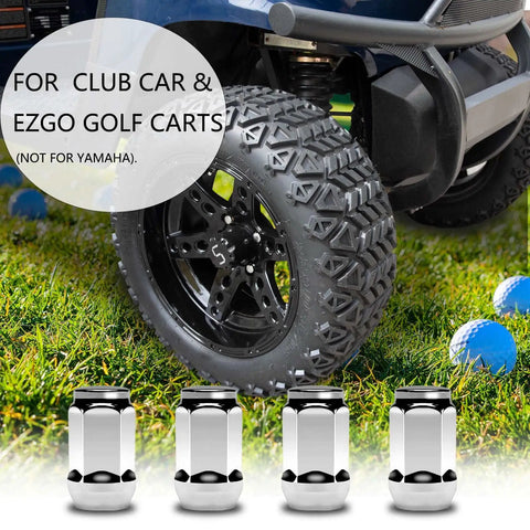 Chrome Golf Cart Lug Nuts 1/2-20 Thread Fits EZGO And Club Car Wheels 16 Pack with tire on grass