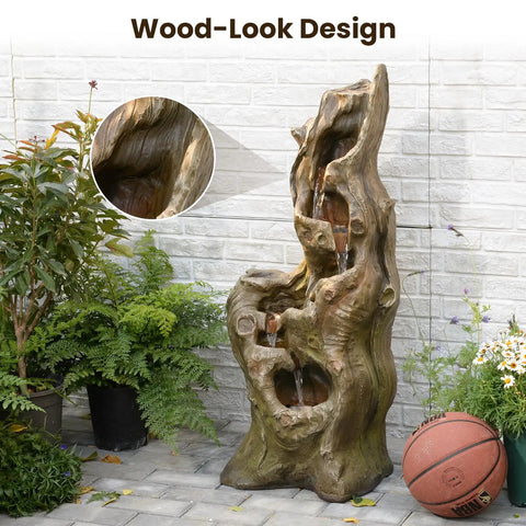 Outdoor 5 Tier Cascading Water Fountain With Realistic Tree Trunk Look, Resin Imitation Wood, LED Accent Lights, garden