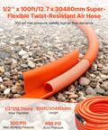 Heavy Duty 1/2 Inch By 100 Foot Air Compressor Hose With Solid Brass Fittings Kink Free Pneumatic Tubing, bright orange color.