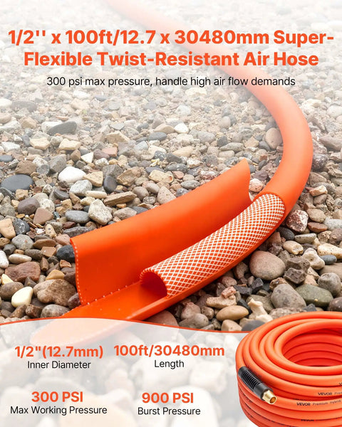 Heavy Duty 1/2 Inch By 100 Foot Air Compressor Hose With Solid Brass Fittings Kink Free Pneumatic Tubing, bright orange color.