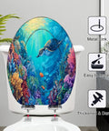 Elongated Toilet Seat Slow Close Home Bathroom with ocean turtle design, sturdy metal hinges, easy to install.