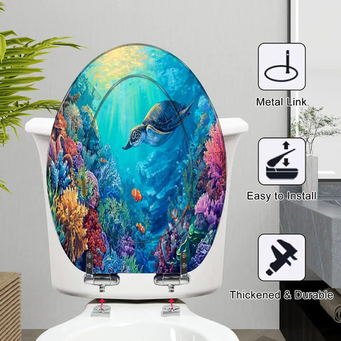 Elongated Toilet Seat Slow Close Home Bathroom with ocean turtle design, sturdy metal hinges, easy to install.
